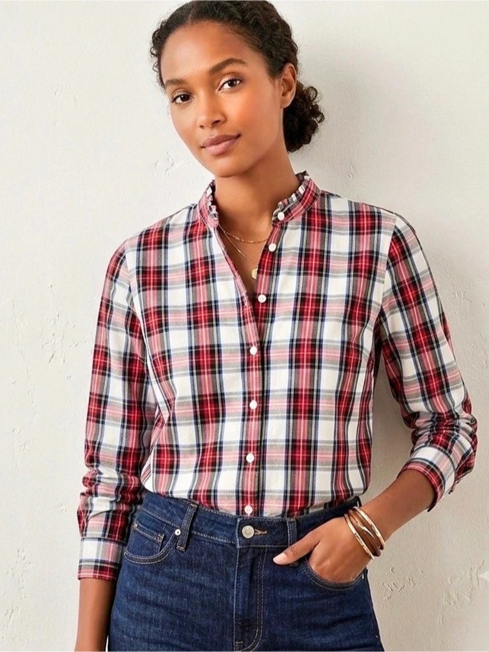 J.Crew Womens Stewart Cotton Red Plaid Ruffle Collar Button Down Shirt M  NWT